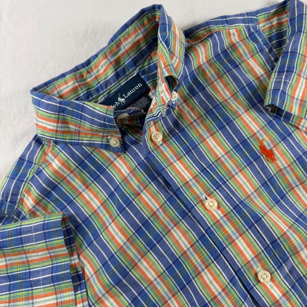 Ralph Lauren Boy's Size 4 Blue Plaid 100% Cotton Short Sleeve  Button Down Shirt